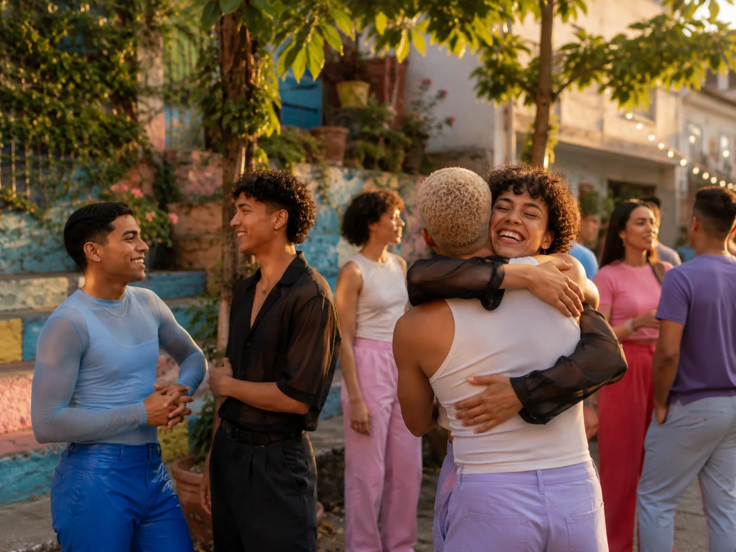 Tres personas caminando juntas con orgullo